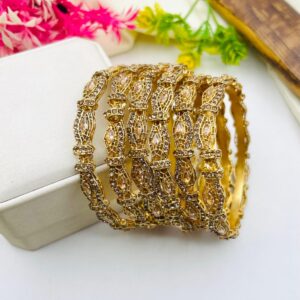 BJ Designer Gold-Plated Stone Bangles Set for Women – Intricate Carved Detailing (Set of 6)