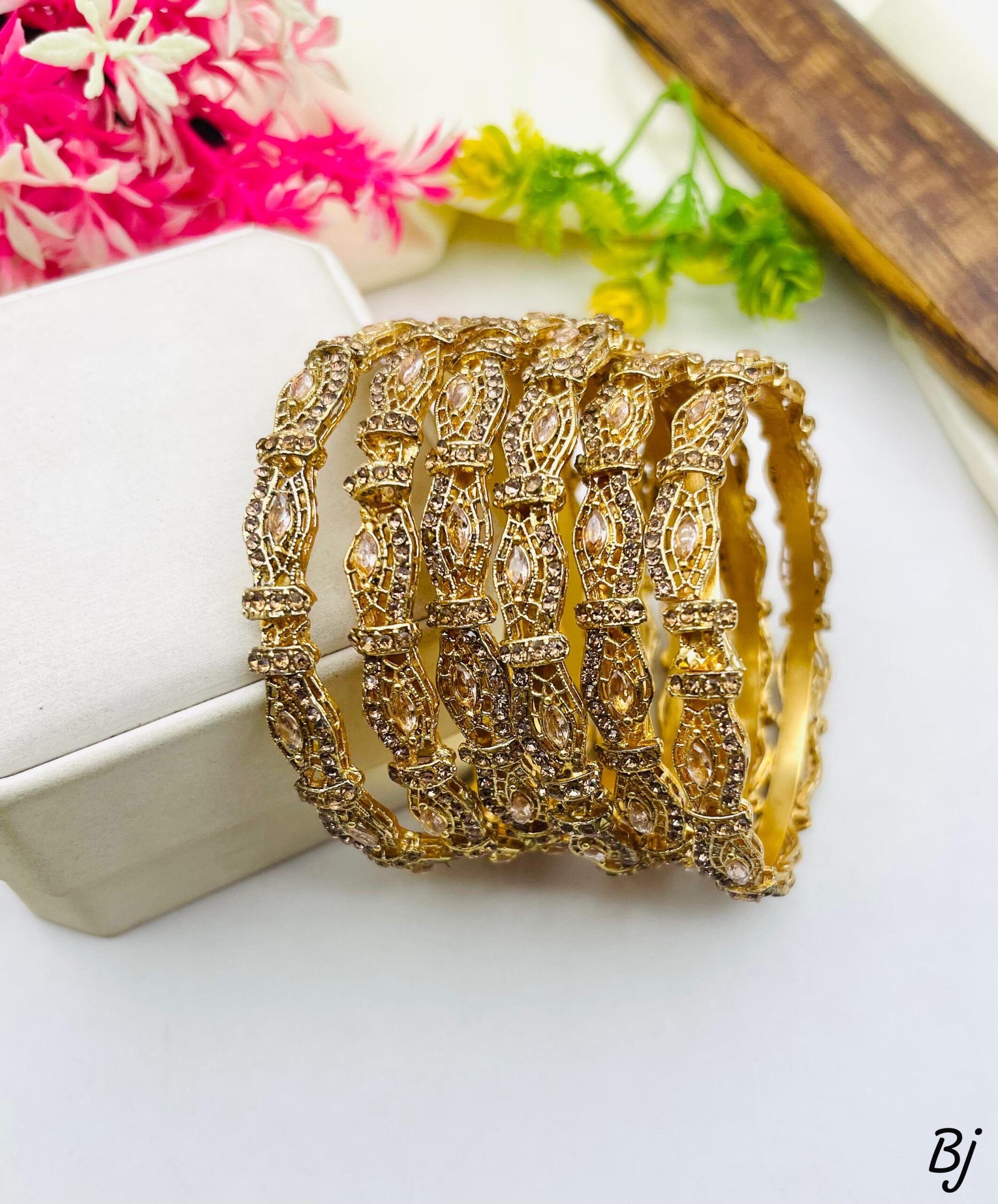 BJ Designer Gold-Plated Stone Bangles Set for Women – Intricate Carved Detailing (Set of 6)