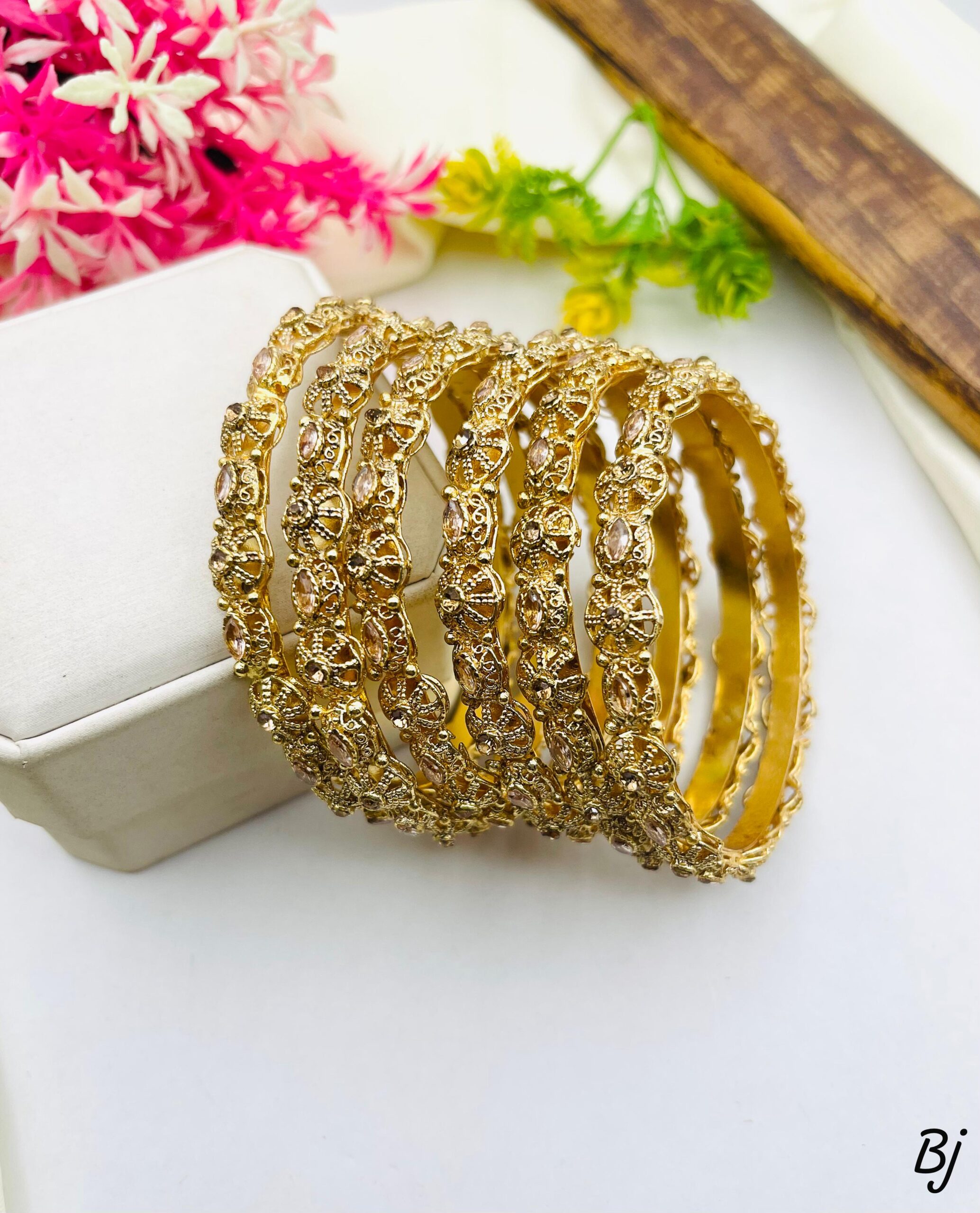 BJ Designer Gold-Plated Stone Bangles Set for Women – Intricate Carved Detailing (Set of 6) - Image 3