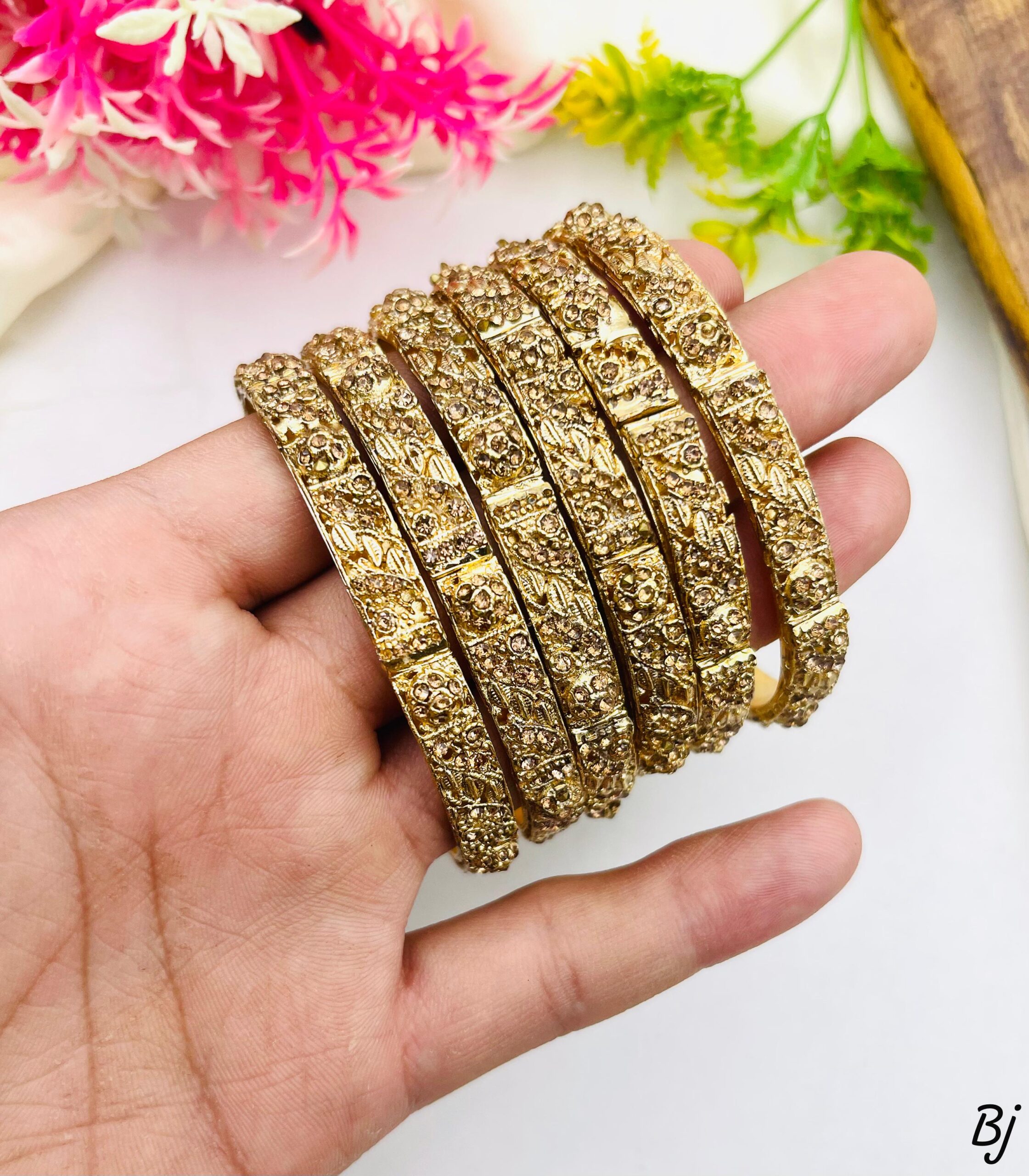 BJ Designer Gold-Plated Stone Bangles Set for Women – Intricate Carved Detailing (Set of 6) - Image 5