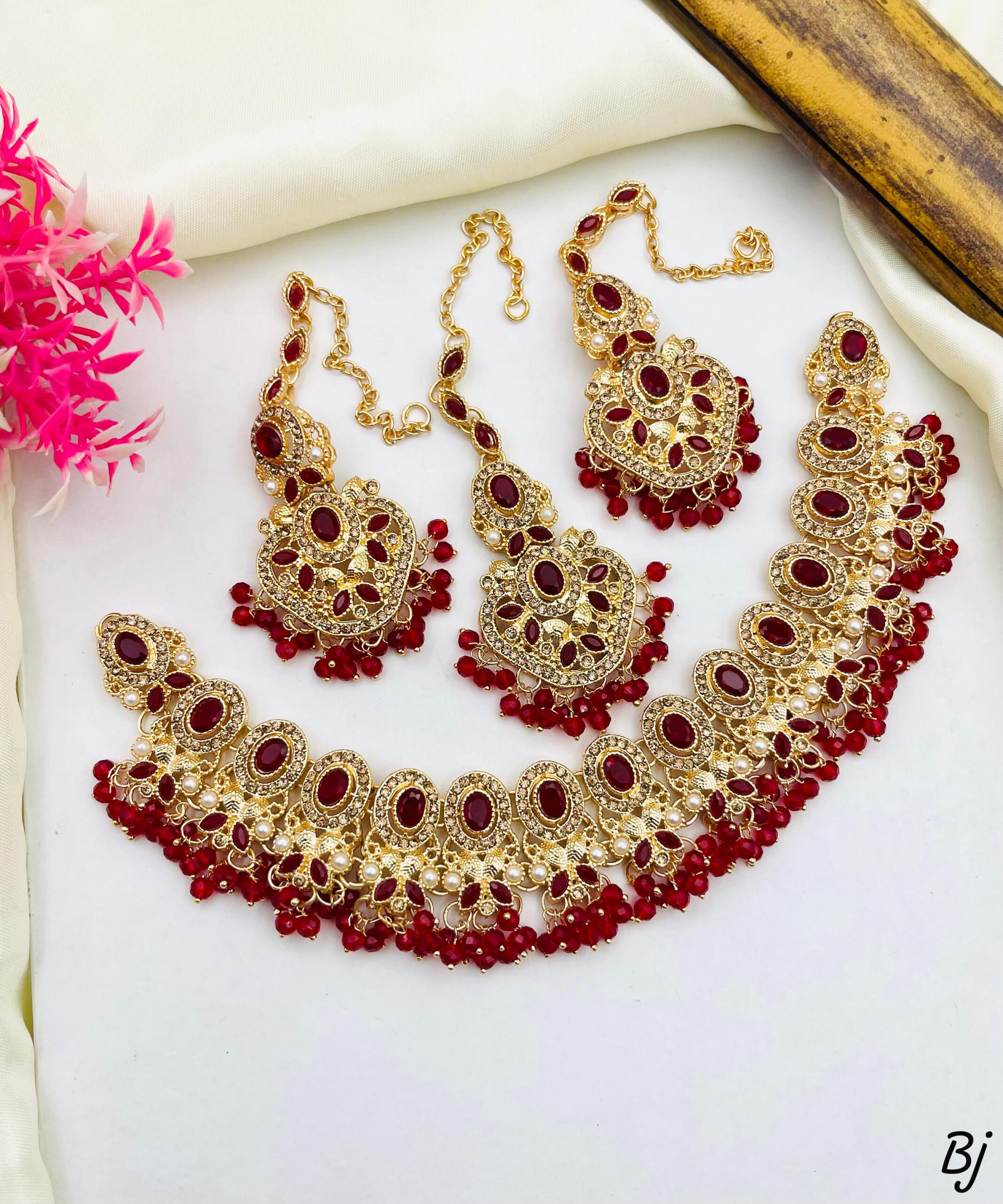 Traditional Gold Plated Choker Necklace Sets with Earrings & Maang Tikka - Image 2