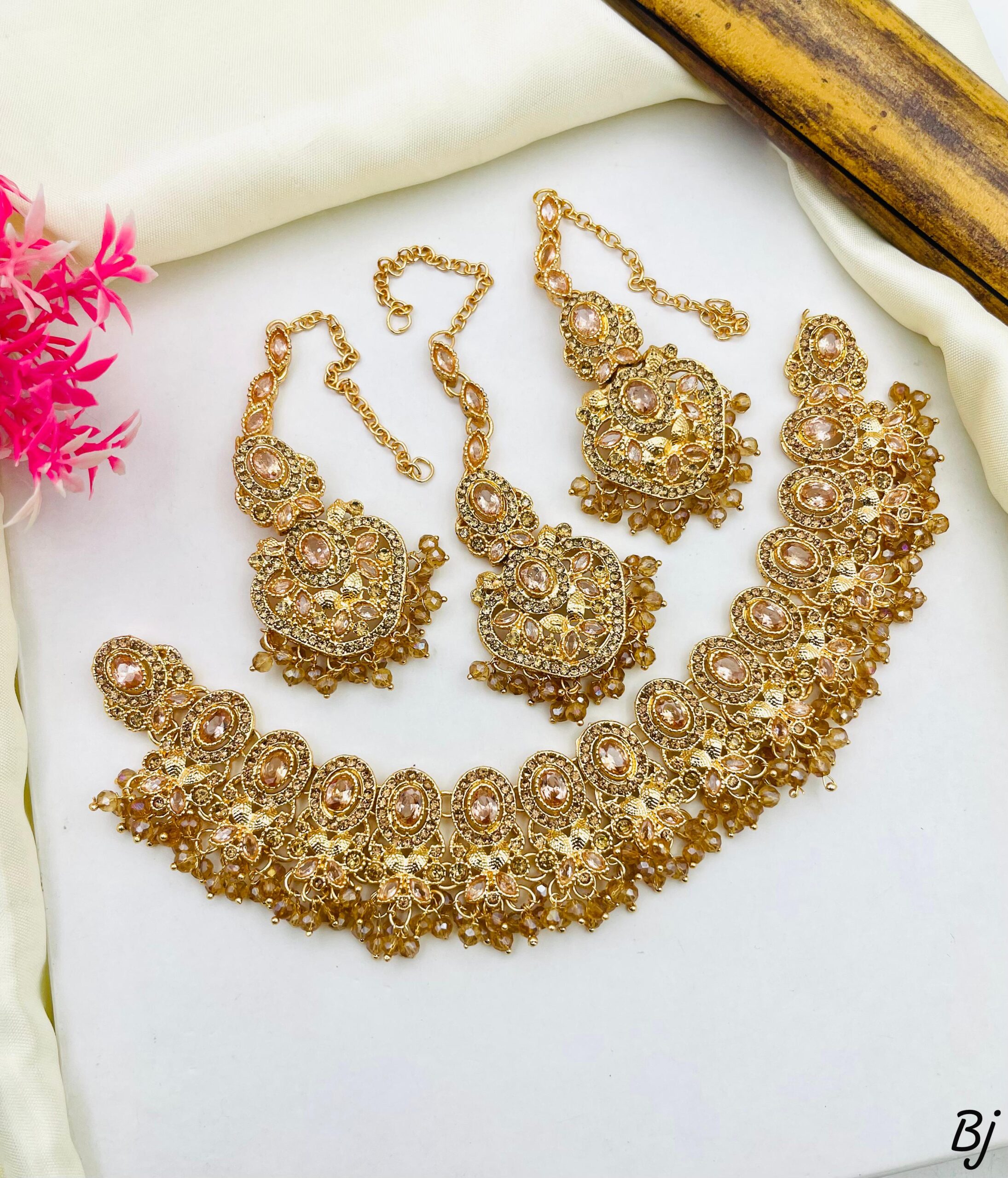 Traditional Gold Plated Choker Necklace Sets with Earrings & Maang Tikka - Image 3