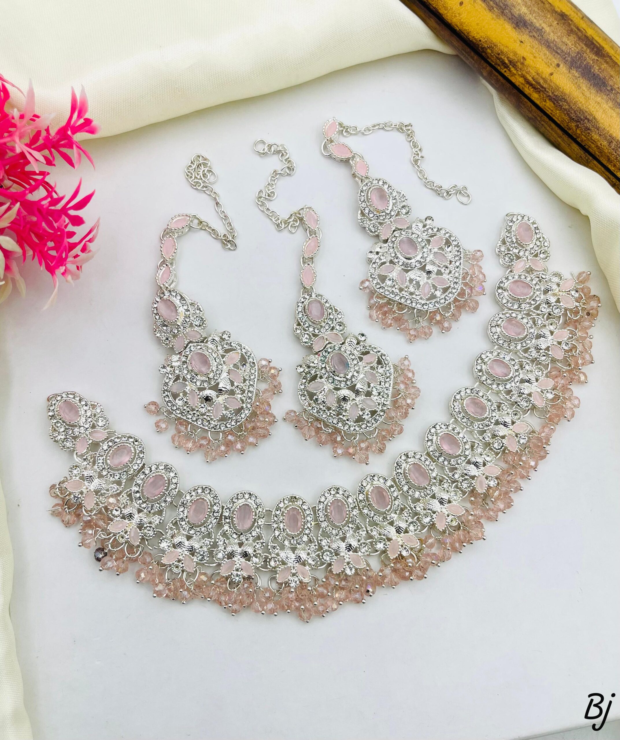 Traditional Gold Plated Choker Necklace Sets with Earrings & Maang Tikka - Image 5