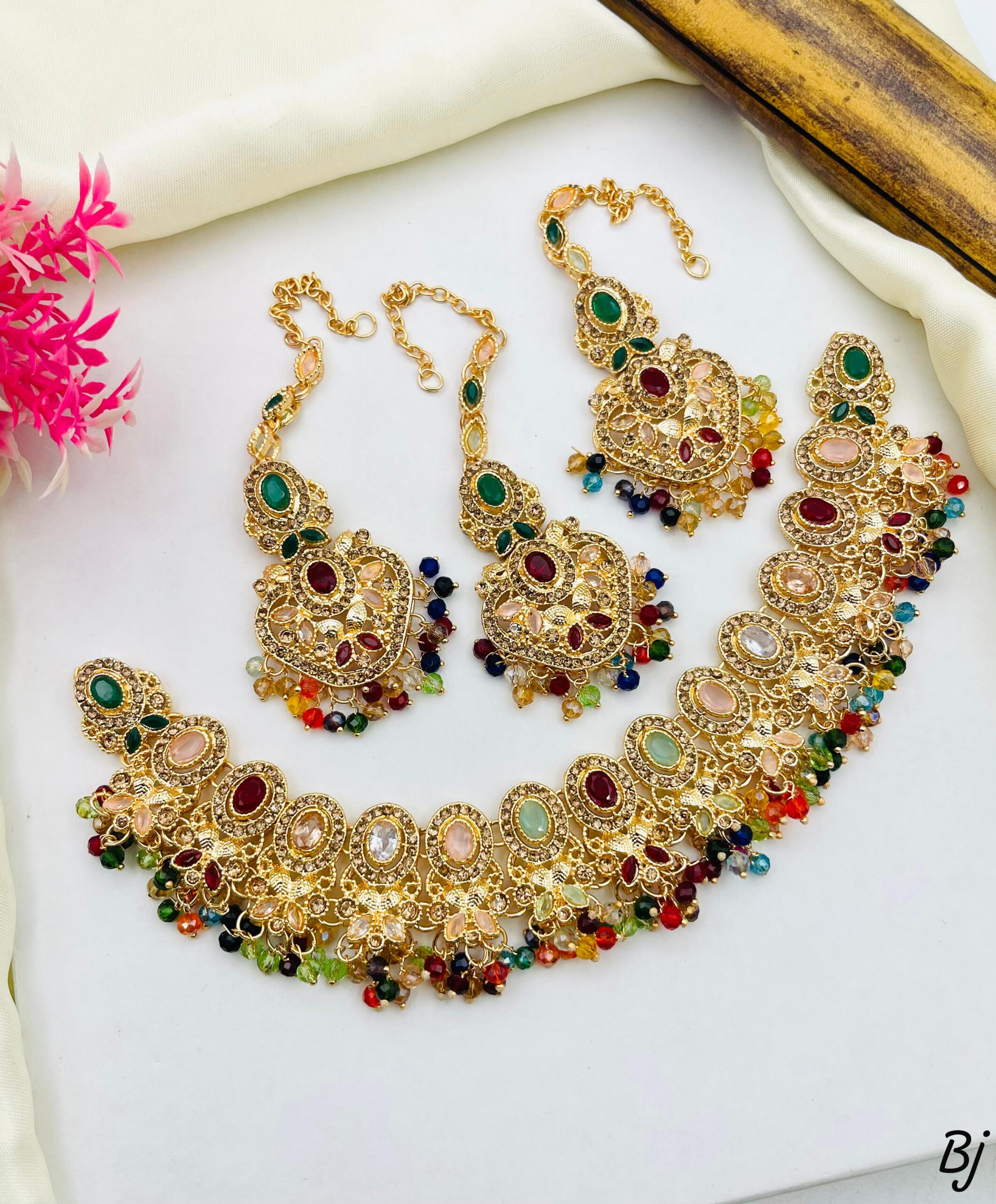 Traditional Gold Plated Choker Necklace Sets with Earrings & Maang Tikka - Image 6
