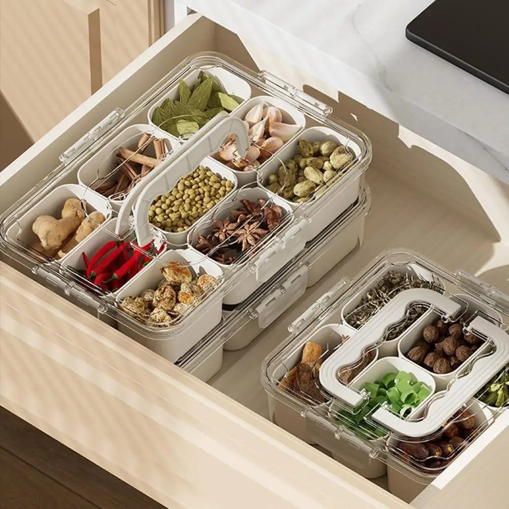 9-Compartment Stackable Snack & Spice Box with Transparent Lid – Refrigerator Storage Organizer - Image 3
