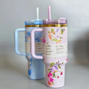 Stanley Style Flower Print Stainless Steel Tumbler – 1200ml with Straw & Handle – Premium Insulated Travel Mug with Printed Box