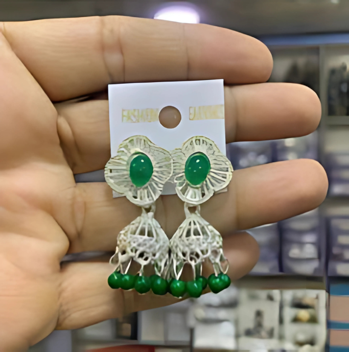 Silver-Plated Floral Jhumka Earrings with Green Stone and Bead Accents