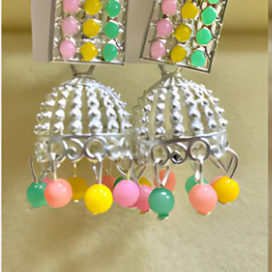 Rectangular Stud Silver-Plated Jhumka Earrings with Multicolor Beads