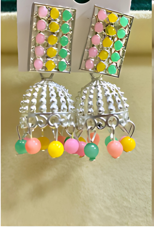 Rectangular Stud Silver-Plated Jhumka Earrings with Multicolor Beads