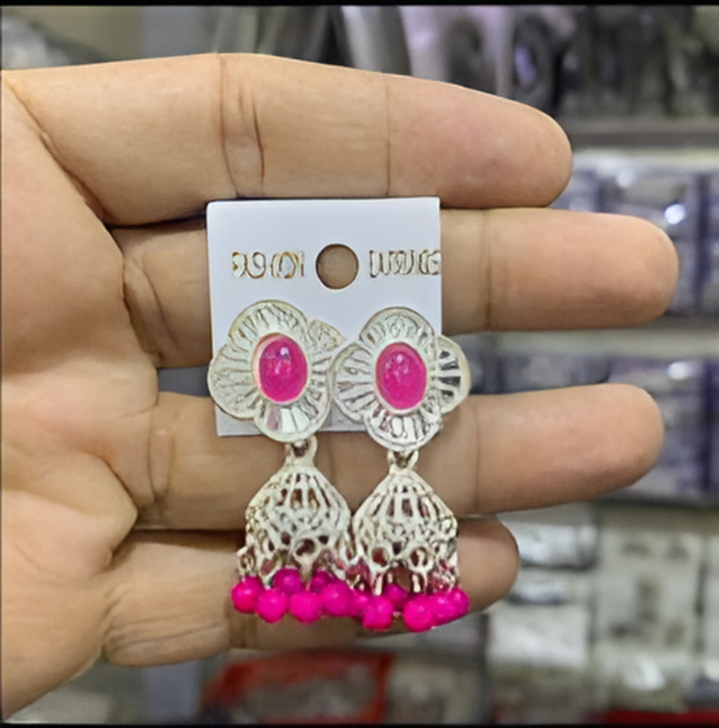 Silver-Plated Floral Jhumka Earrings with Pink Stone and Bead Detailing