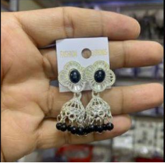 Silver-Plated Floral Jhumka Earrings with Black Stone and Bead Accents